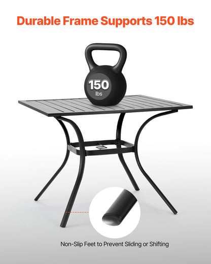 Gartentisch, quadratisch, 94 cm, Metall-Stahllatten, Bistrotisch für Terrasse und Garten, mit 38-mm-Schirmloch, wetterfest, schwarz