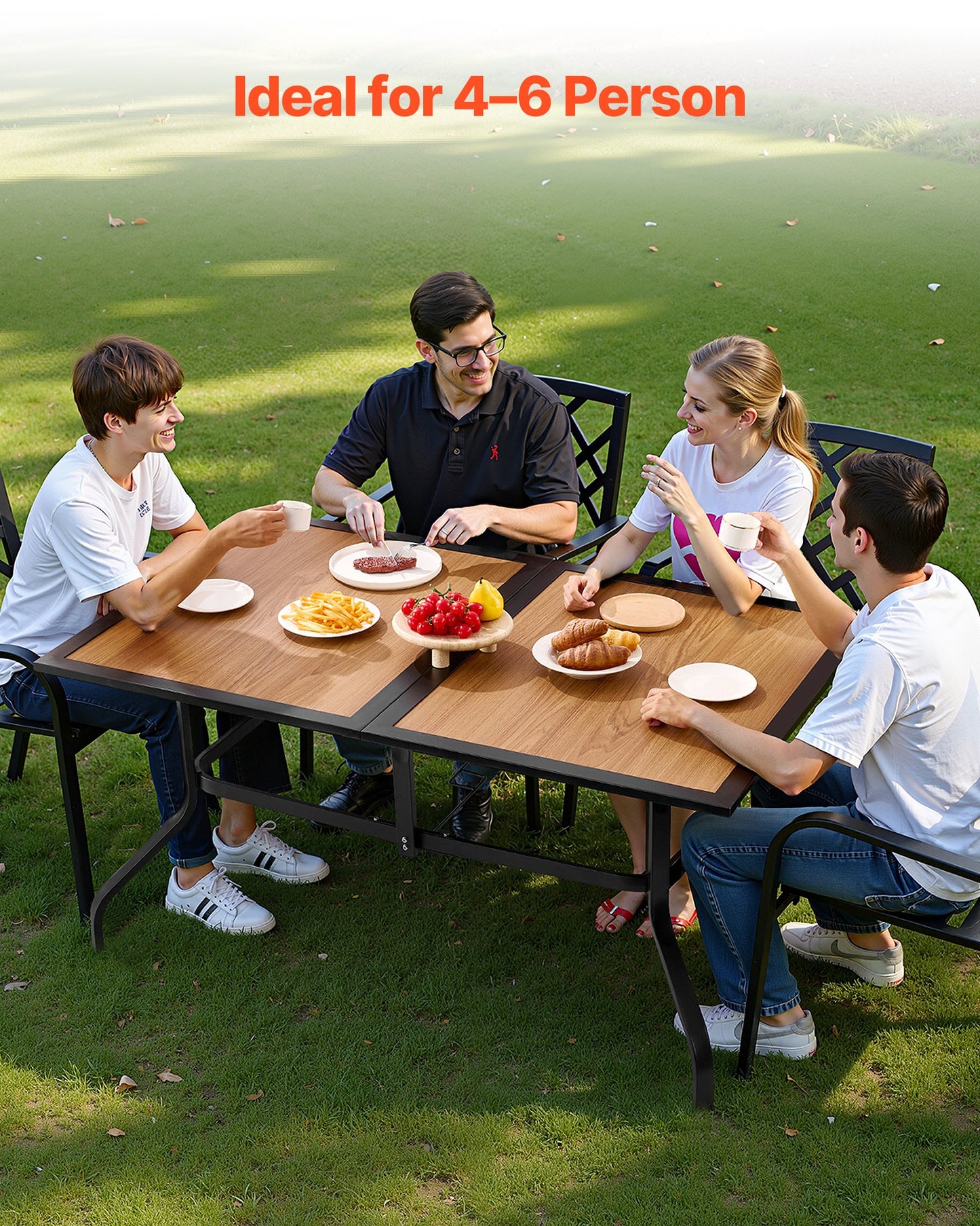 Gartentisch, 150 cm lang, rechteckig, Holzoptik, Stahllatten, Bistrotisch für 4–6 Personen, mit 38-mm-Schirmloch, wetterfest, für Rasen, Garten oder Veranda, braun