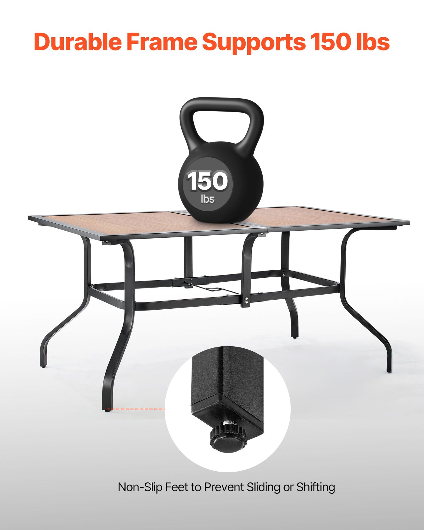 Gartentisch, 150 cm lang, rechteckig, Holzoptik, Stahllatten, Bistrotisch für 4–6 Personen, mit 38-mm-Schirmloch, wetterfest, für Rasen, Garten oder Veranda, braun