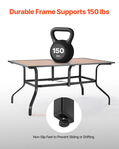 Gartentisch, 150 cm lang, rechteckig, Holzoptik, Stahllatten, Bistrotisch für 4–6 Personen, mit 38-mm-Schirmloch, wetterfest, für Rasen, Garten oder Veranda, braun