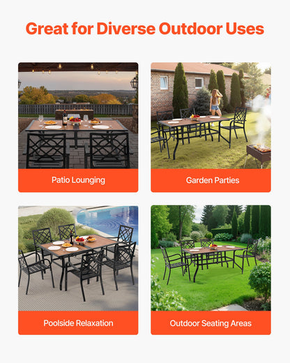 Gartentisch, 150 cm lang, rechteckig, Holzoptik, Stahllatten, Bistrotisch für 4–6 Personen, mit 38-mm-Schirmloch, wetterfest, für Rasen, Garten oder Veranda, braun