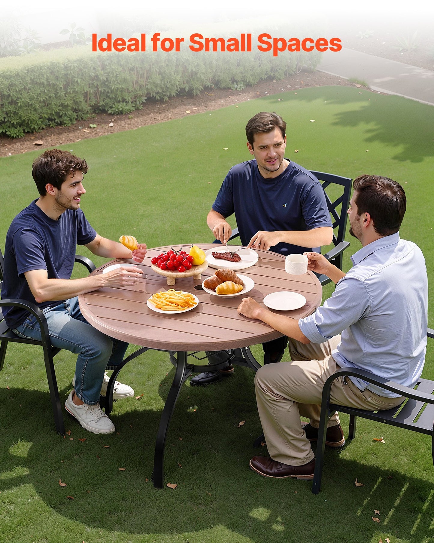 Runder Gartentisch (103 cm Durchmesser) aus Stahllatten in Holzoptik für 4 Personen, mit 38-mm-Schirmloch, wetterfest, ideal für Terrasse, Garten oder Veranda, Grau
