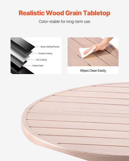 Runder Gartentisch (103 cm Durchmesser) aus Stahllatten in Holzoptik für 4 Personen, mit 38-mm-Schirmloch, wetterfest, ideal für Terrasse, Garten oder Veranda, Grau