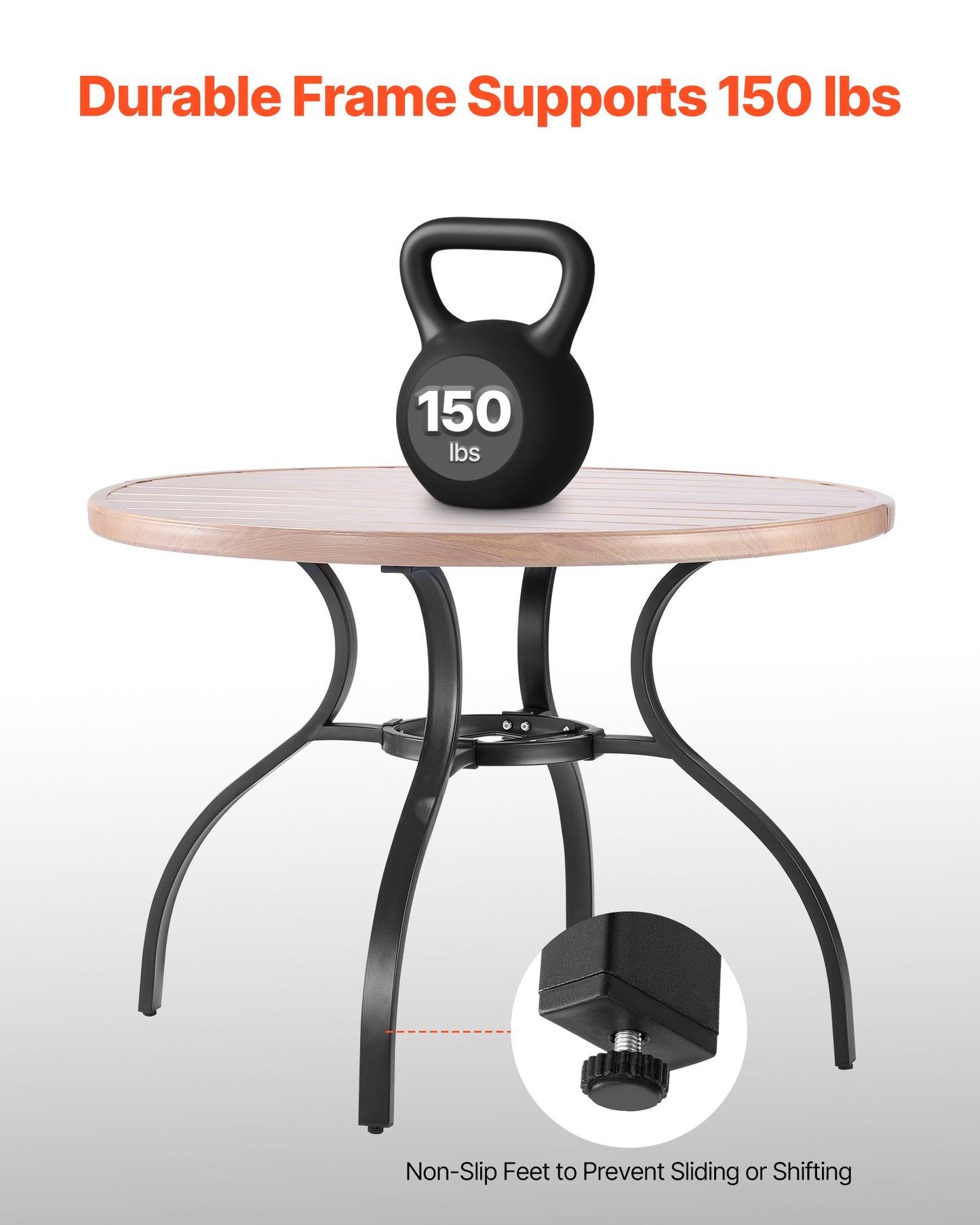 Runder Gartentisch (103 cm Durchmesser) aus Stahllatten in Holzoptik für 4 Personen, mit 38-mm-Schirmloch, wetterfest, ideal für Terrasse, Garten oder Veranda, Grau