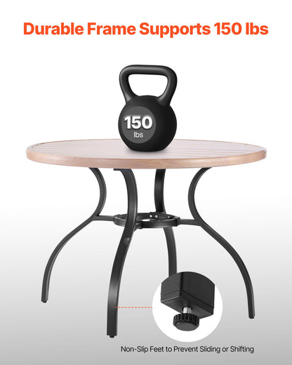 Runder Gartentisch (103 cm Durchmesser) aus Stahllatten in Holzoptik für 4 Personen, mit 38-mm-Schirmloch, wetterfest, ideal für Terrasse, Garten oder Veranda, Grau