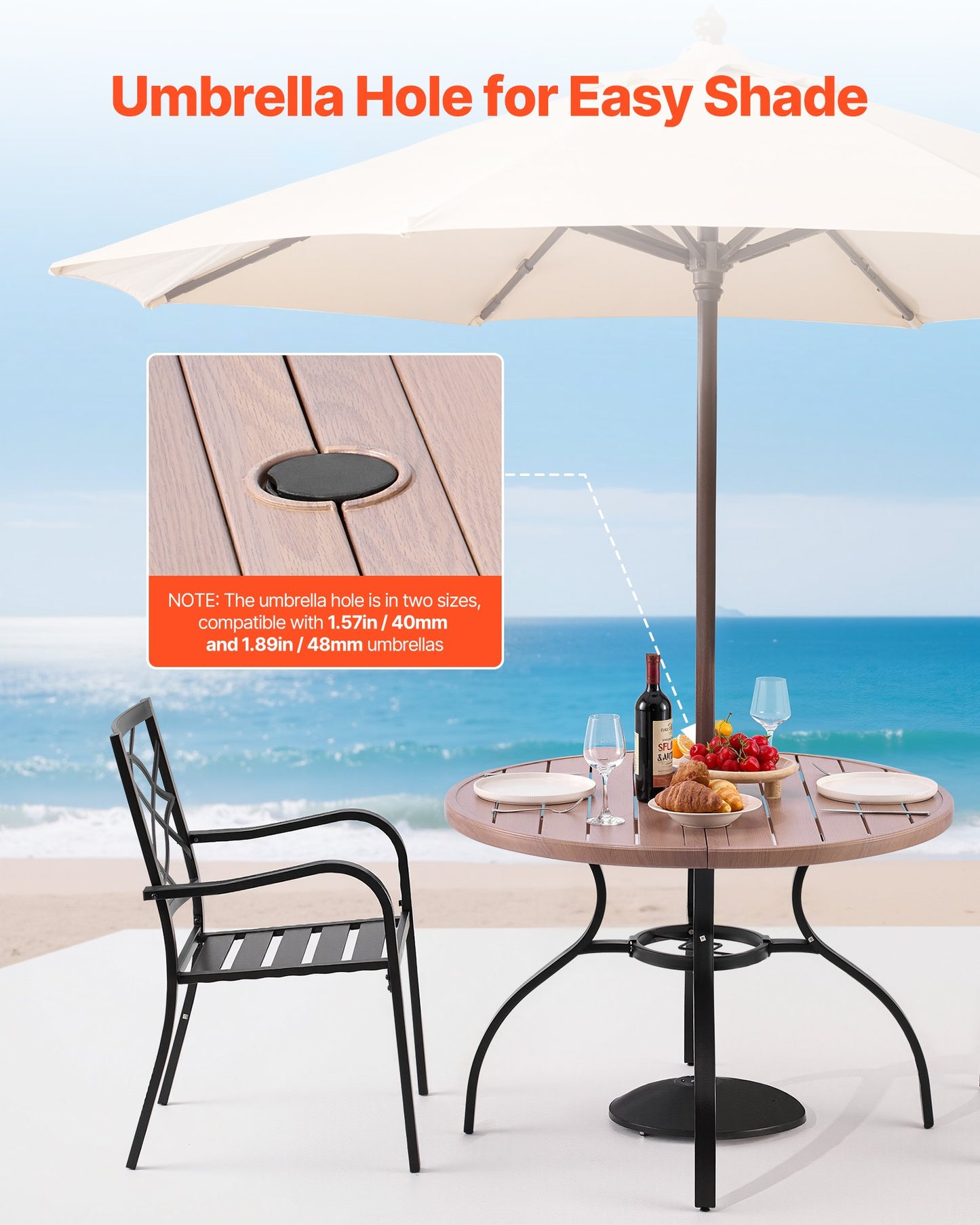 Runder Gartentisch (103 cm Durchmesser) aus Stahllatten in Holzoptik für 4 Personen, mit 38-mm-Schirmloch, wetterfest, ideal für Terrasse, Garten oder Veranda, Grau