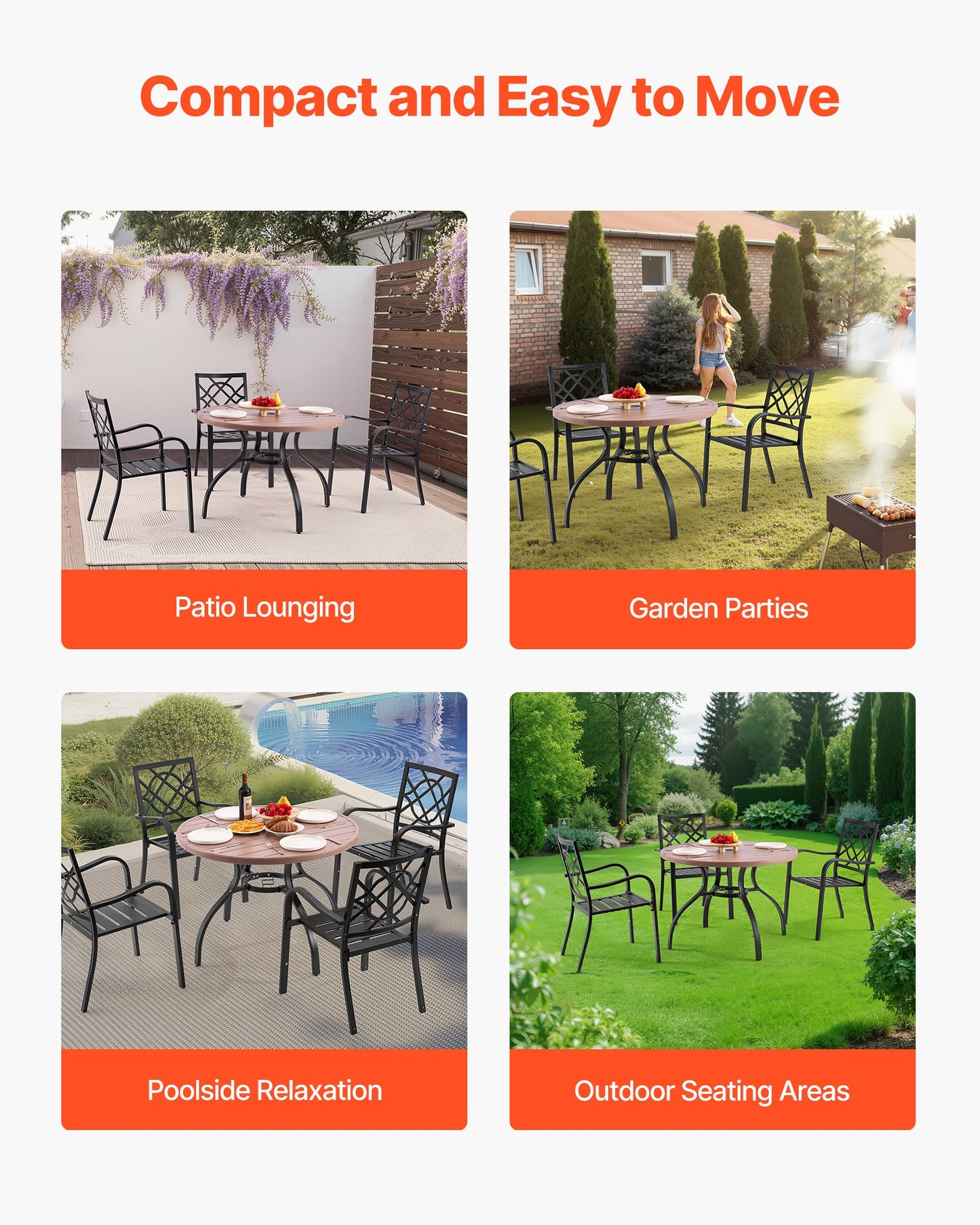 Runder Gartentisch (103 cm Durchmesser) aus Stahllatten in Holzoptik für 4 Personen, mit 38-mm-Schirmloch, wetterfest, ideal für Terrasse, Garten oder Veranda, Grau