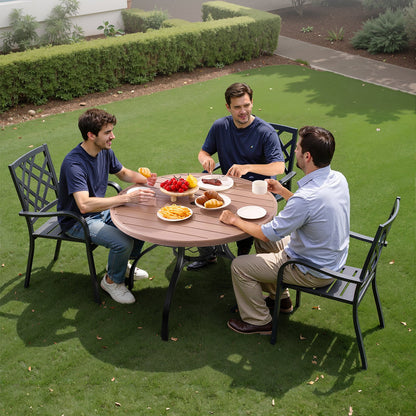 Runder Gartentisch (103 cm Durchmesser) aus Stahllatten in Holzoptik für 4 Personen, mit 38-mm-Schirmloch, wetterfest, ideal für Terrasse, Garten oder Veranda, Grau