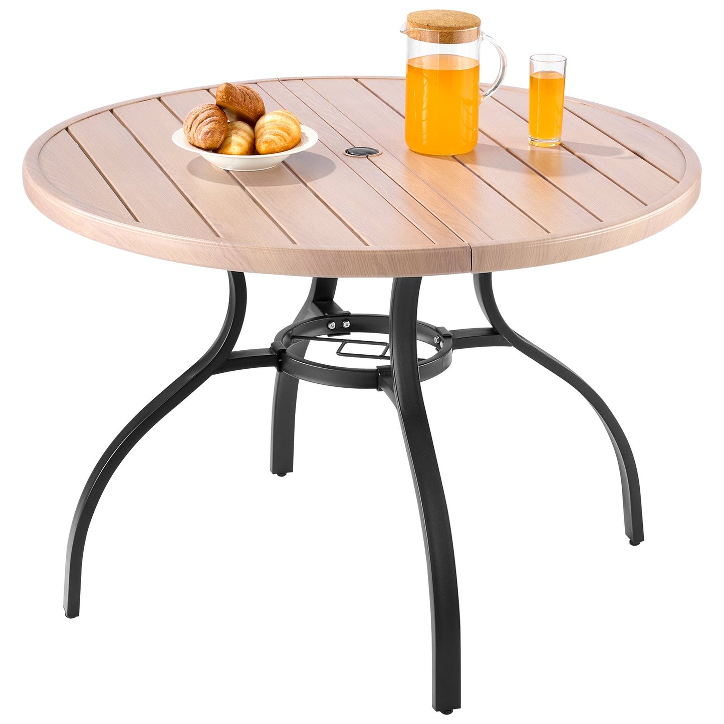 Runder Gartentisch (103 cm Durchmesser) aus Stahllatten in Holzoptik für 4 Personen, mit 38-mm-Schirmloch, wetterfest, ideal für Terrasse, Garten oder Veranda, Grau