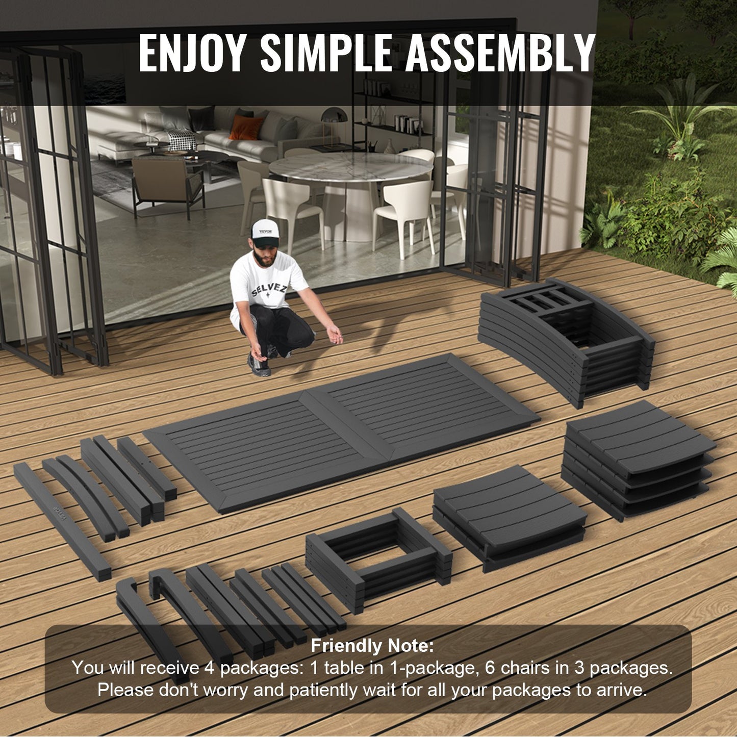 7 Pieces Patio Dining Set, Outdoor Rectangle Furniture Table and Chairs Set, All Weather Garden Furniture Table Sets, HIPS Patio Conversation Set, For Lawn, Deck, Backyard, Poolside, Black