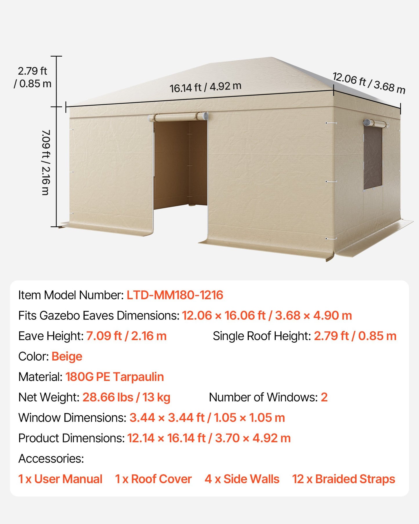 Winter Gazebo Cover Fits 3.68 x 4.9 m Hardtop Gazebos, All-Weather Gazebo Cover with Sidewalls & Windows, High-Density PE Material, Enclosed Storage Shelter Covers, Gazebos not Included