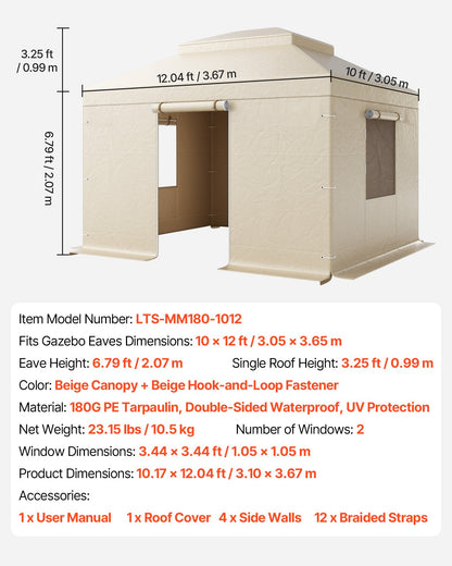 Winter Gazebo Cover Fits 3.05 x 3.65 m Hardtop Gazebos, All-Weather Double-Tiered Gazebo Cover with Sidewalls & Windows, High-Density PE Enclosed Storage Shelter Covers, Gazebos not Included