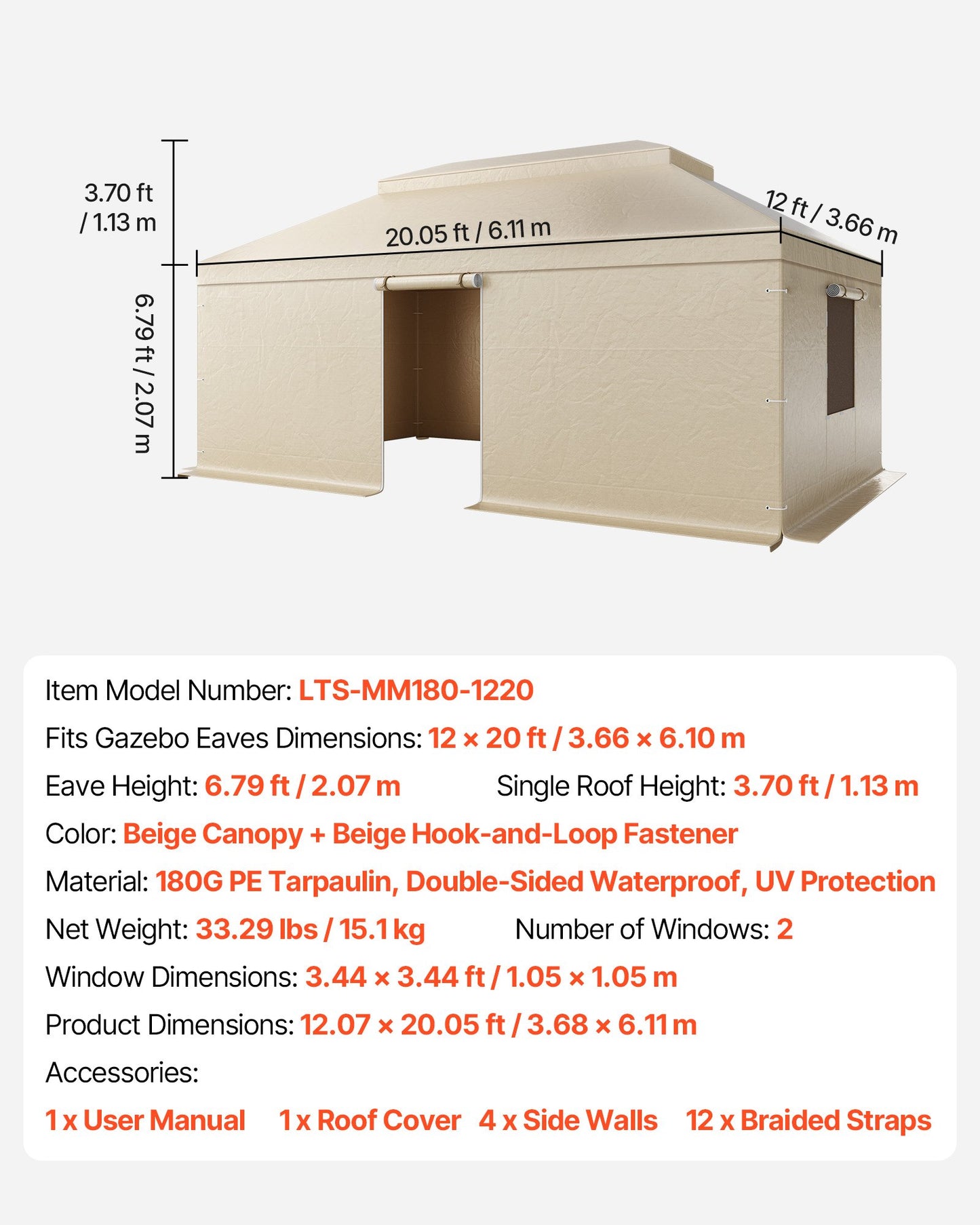 Winter Gazebo Cover Fits 3.66 x 6.10m Hardtop Gazebos, All-Weather Double-Tiered Gazebo Cover with Sidewalls & Mesh Windows, High-Density PE Enclosed Storage Shelter Covers, Gazebos not Included