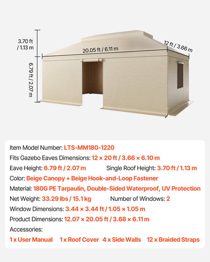 Winter Gazebo Cover Fits 3.66 x 6.10m Hardtop Gazebos, All-Weather Double-Tiered Gazebo Cover with Sidewalls & Mesh Windows, High-Density PE Enclosed Storage Shelter Covers, Gazebos not Included