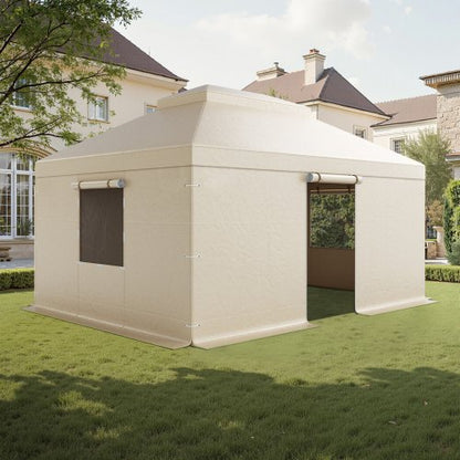 Winter-Pavillonabdeckung, passend für 3,66 x 4,87 m große Pavillons mit festem Dach, wetterfeste, zweistöckige Pavillonabdeckung mit Seitenwänden und Fenstern, geschlossene Lagerschutzabdeckung aus hochdichtem PE, Pavillons nicht im Lieferumfang enthalten