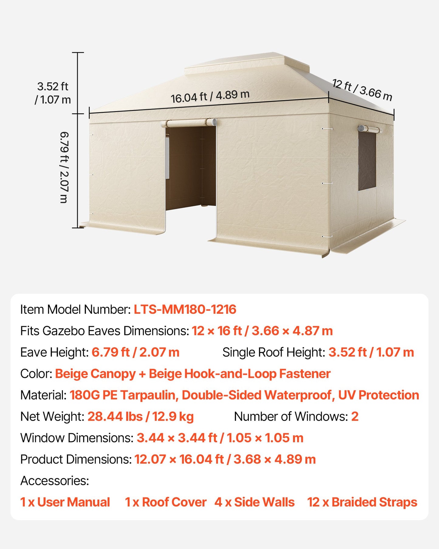 Winter-Pavillonabdeckung, passend für 3,66 x 4,87 m große Pavillons mit festem Dach, wetterfeste, zweistöckige Pavillonabdeckung mit Seitenwänden und Fenstern, geschlossene Lagerschutzabdeckung aus hochdichtem PE, Pavillons nicht im Lieferumfang enthalten