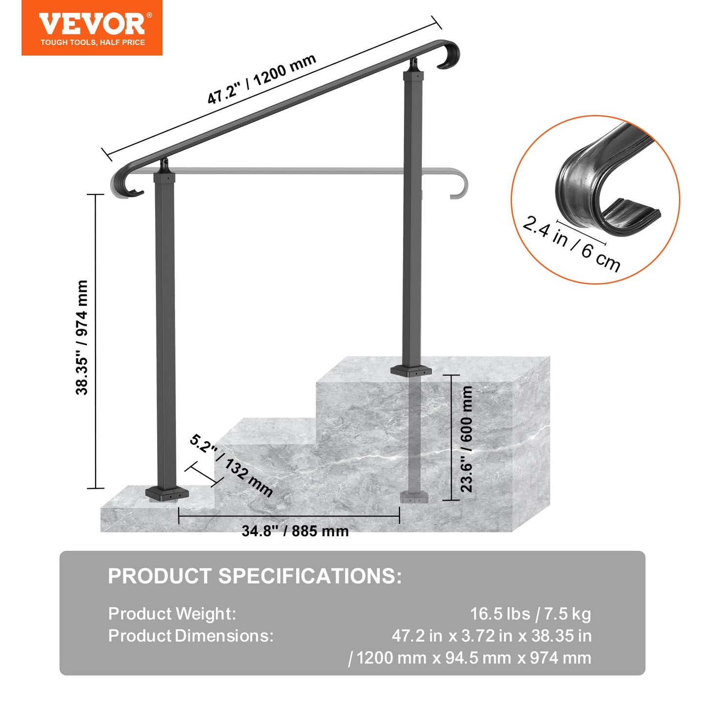 Wrought Iron Handrail, Fit 2 or 3 Steps Outdoor Stair Railing, Adjustable Front Porch Hand Rail, Black Transitional Hand railings for Concrete Steps or Wooden Stairs with Installation Kit