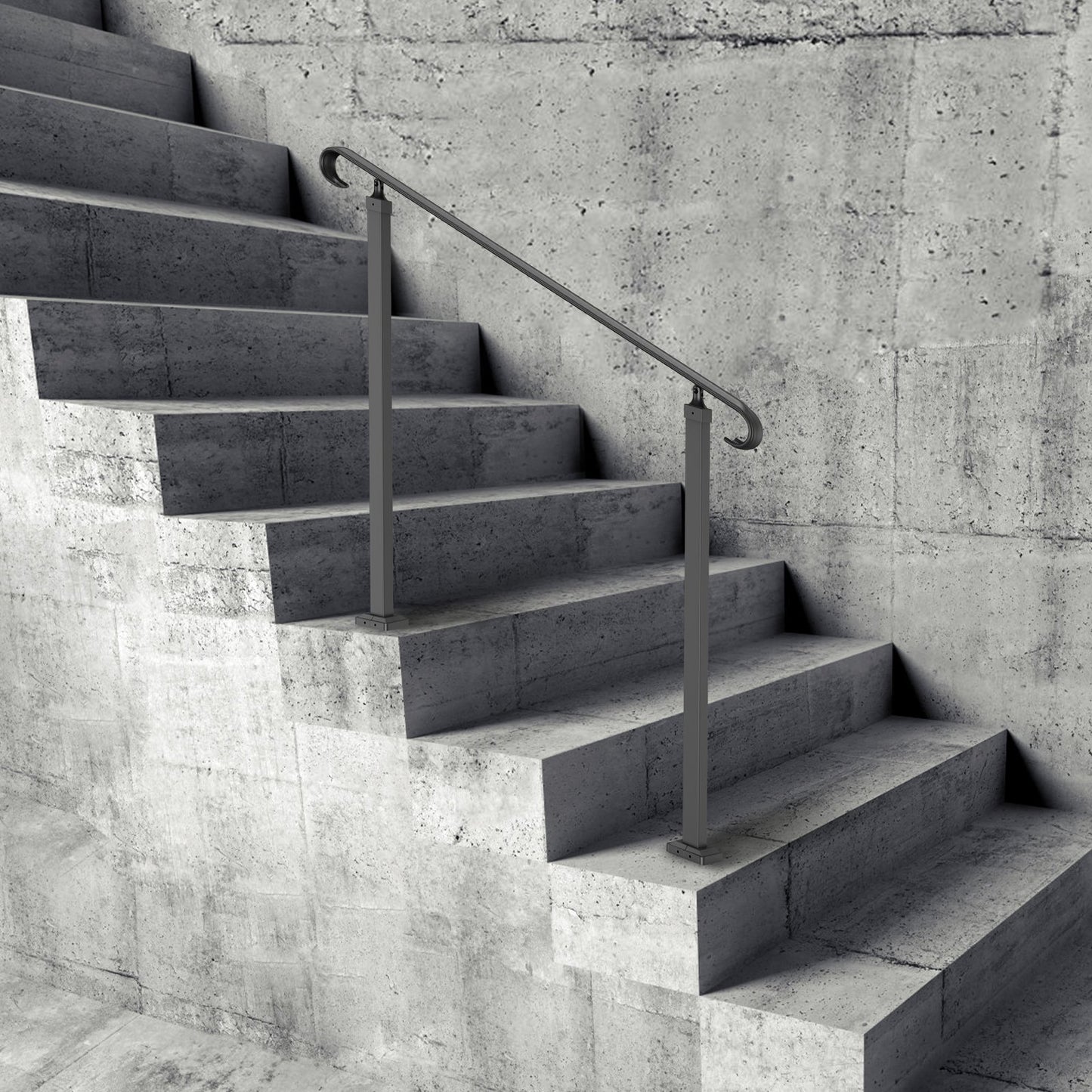 Wrought Iron Handrail, Fit 2 or 3 Steps Outdoor Stair Railing, Adjustable Front Porch Hand Rail, Black Transitional Hand railings for Concrete Steps or Wooden Stairs with Installation Kit