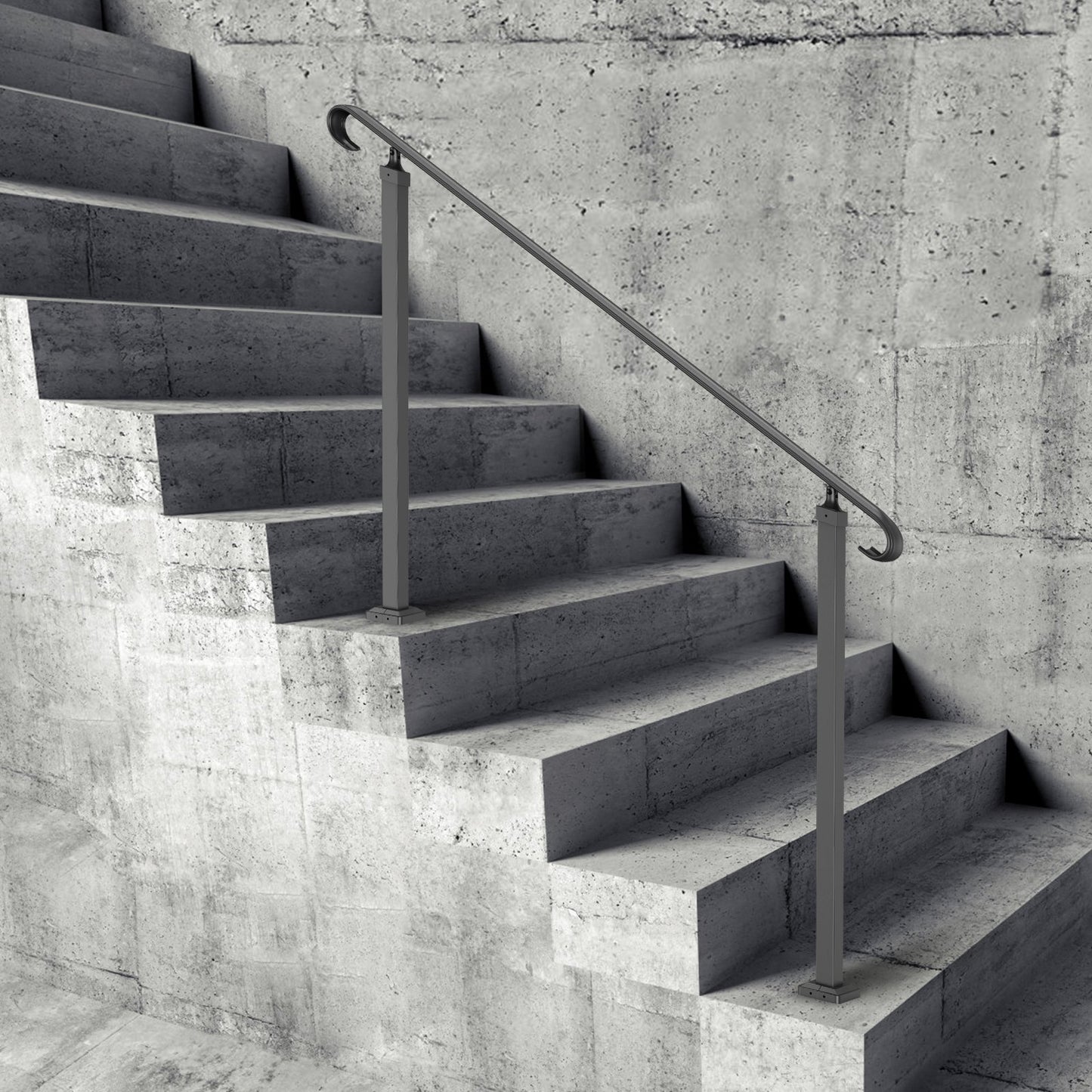 Wrought Iron Handrail, Fit 2 or 3 Steps Outdoor Stair Railing, Adjustable Front Porch Hand Rail, Black Transitional Hand railings for Concrete Steps or Wooden Stairs with Installation Kit