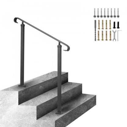 Wrought Iron Handrail, Fit 1 or 2 Steps Outdoor Stair Railing, Adjustable Front Porch Hand Rail, Black Transitional Hand railings for Concrete Steps or Wooden Stairs with Installation Kit