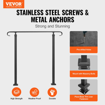 Wrought Iron Handrail, Fit 1 or 2 Steps Outdoor Stair Railing, Adjustable Front Porch Hand Rail, Black Transitional Hand railings for Concrete Steps or Wooden Stairs with Installation Kit