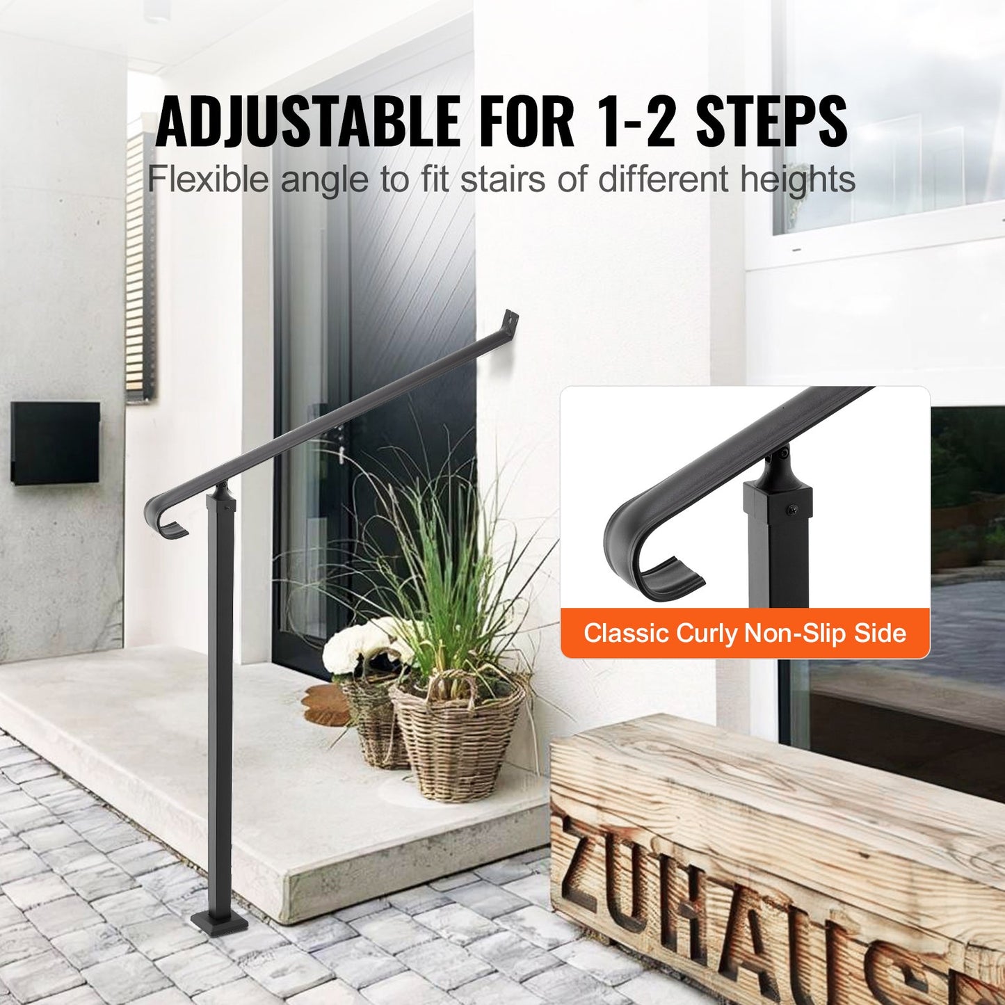 40mm Pipe Wrought Iron Handrail 2 Steps Handrails for Outdoor Steps Handrails Garden Railing Exterior Handrail Stair Railings for Steps with One Bolt Down Post