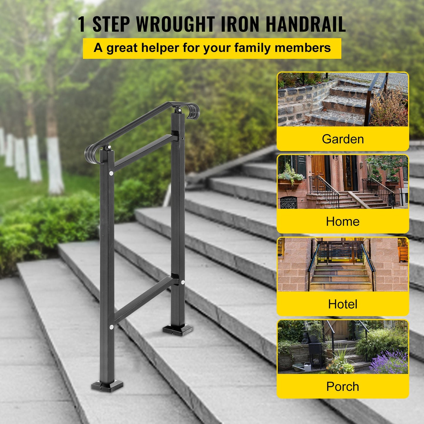 Wrought Iron Handrail, Fit 1 or 2 Steps Outdoor Stair Railing, Adjustable Front Porch Hand Rail, Black Transitional Hand Railings for Concrete Steps or Wooden Stairs with Installation Kit