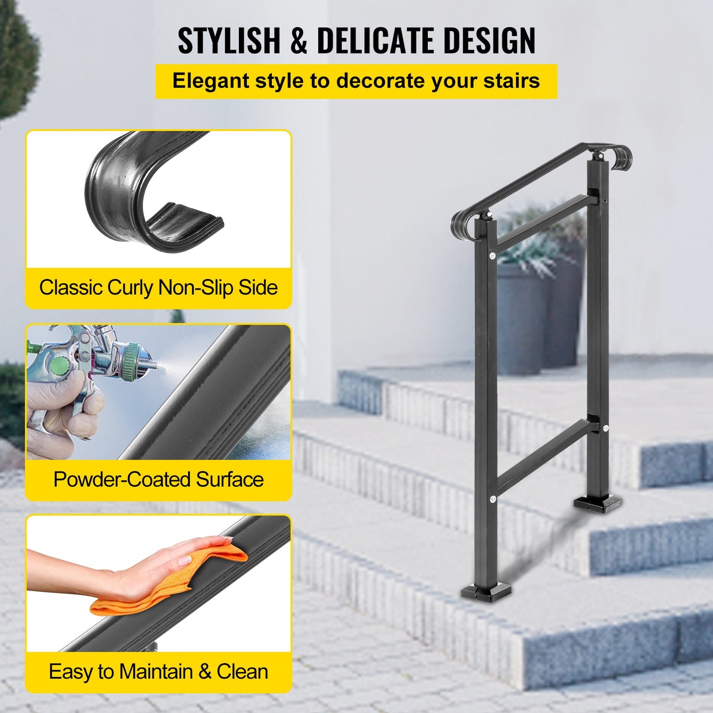 Wrought Iron Handrail, Fit 1 or 2 Steps Outdoor Stair Railing, Adjustable Front Porch Hand Rail, Black Transitional Hand Railings for Concrete Steps or Wooden Stairs with Installation Kit