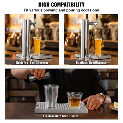 Kegerator Beer Drip Tray, 304 Stainless Steel Keg Drip Trays with 4 Non-Slip Rubber Pads and Detachable Cover, Heat / Cold Resistant Beer Tower Drip Pan for Bar Restaurant Coffee Shop Home