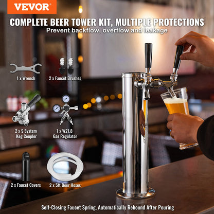 Kegerator Tower Kit, Dual Taps Beer Conversion Kit, Stainless Steel Keg Beer Tower Dispenser with Dual Gauge W21.8 Regulator & S-System Keg Coupler for Party Home