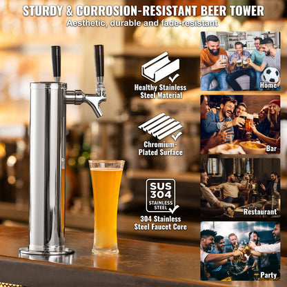 Kegerator Tower Kit, Dual Taps Beer Conversion Kit, Stainless Steel Keg Beer Tower Dispenser with Dual Gauge W21.8 Regulator & S-System Keg Coupler for Party Home
