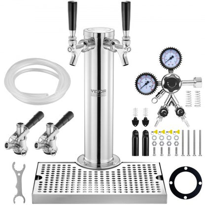 Kegerator Tower Kit, Dual Taps Beer Conversion Kit, Stainless Steel Keg Beer Tower Dispenser with Dual Gauge W21.8 Regulator & S-System Keg Coupler, Beer Drip Tray for Party Home