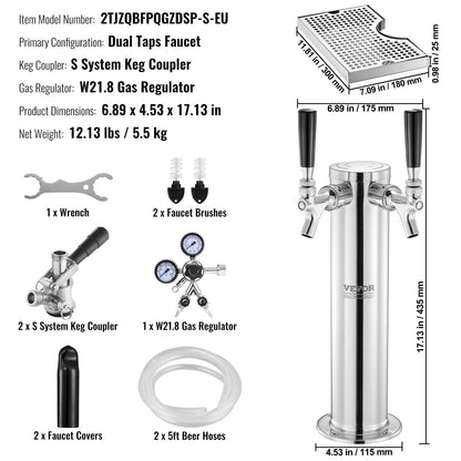 Kegerator Tower Kit, Dual Taps Beer Conversion Kit, Stainless Steel Keg Beer Tower Dispenser with Dual Gauge W21.8 Regulator & S-System Keg Coupler, Beer Drip Tray for Party Home