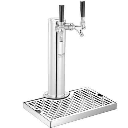 Kegerator Tower Kit, Dual Taps Beer Conversion Kit, Stainless Steel Keg Beer Tower Dispenser with Dual Gauge W21.8 Regulator & S-System Keg Coupler, Beer Drip Tray for Party Home