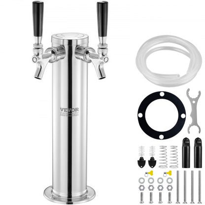 Dual Taps Draft Beer Tower Dispenser, Stainless Steel Keg Beer Tower, Kegerator Tower Kit with Pre-Assembled Tubing and Self-Closing Faucet Shanks for Party, Bar, Pub, Restaurant