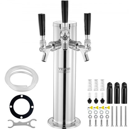 Triple Taps Draft Beer Tower Dispenser, Stainless Steel Keg Beer Tower, Kegerator Tower Kit with Pre-Assembled Tubing and Self-Closing Faucet Shanks for Party, Bar, Pub, Restaurant
