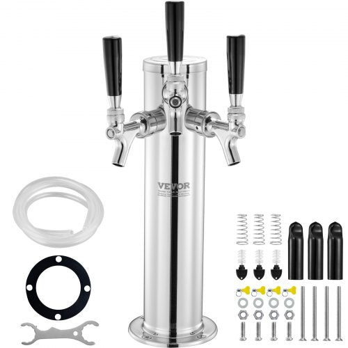 Triple Taps Draft Beer Tower Dispenser, Stainless Steel Keg Beer Tower, Kegerator Tower Kit with Pre-Assembled Tubing and Self-Closing Faucet Shanks for Party, Bar, Pub, Restaurant