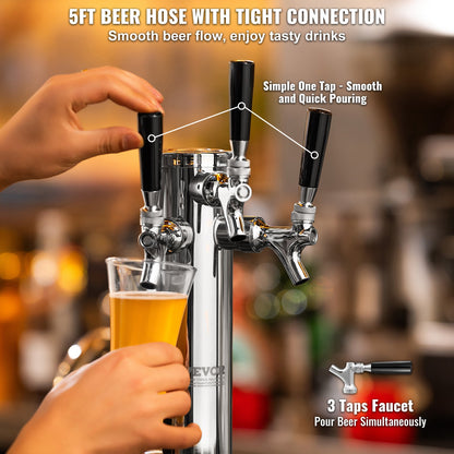 Triple Taps Draft Beer Tower Dispenser, Stainless Steel Keg Beer Tower, Kegerator Tower Kit with Pre-Assembled Tubing and Self-Closing Faucet Shanks for Party, Bar, Pub, Restaurant