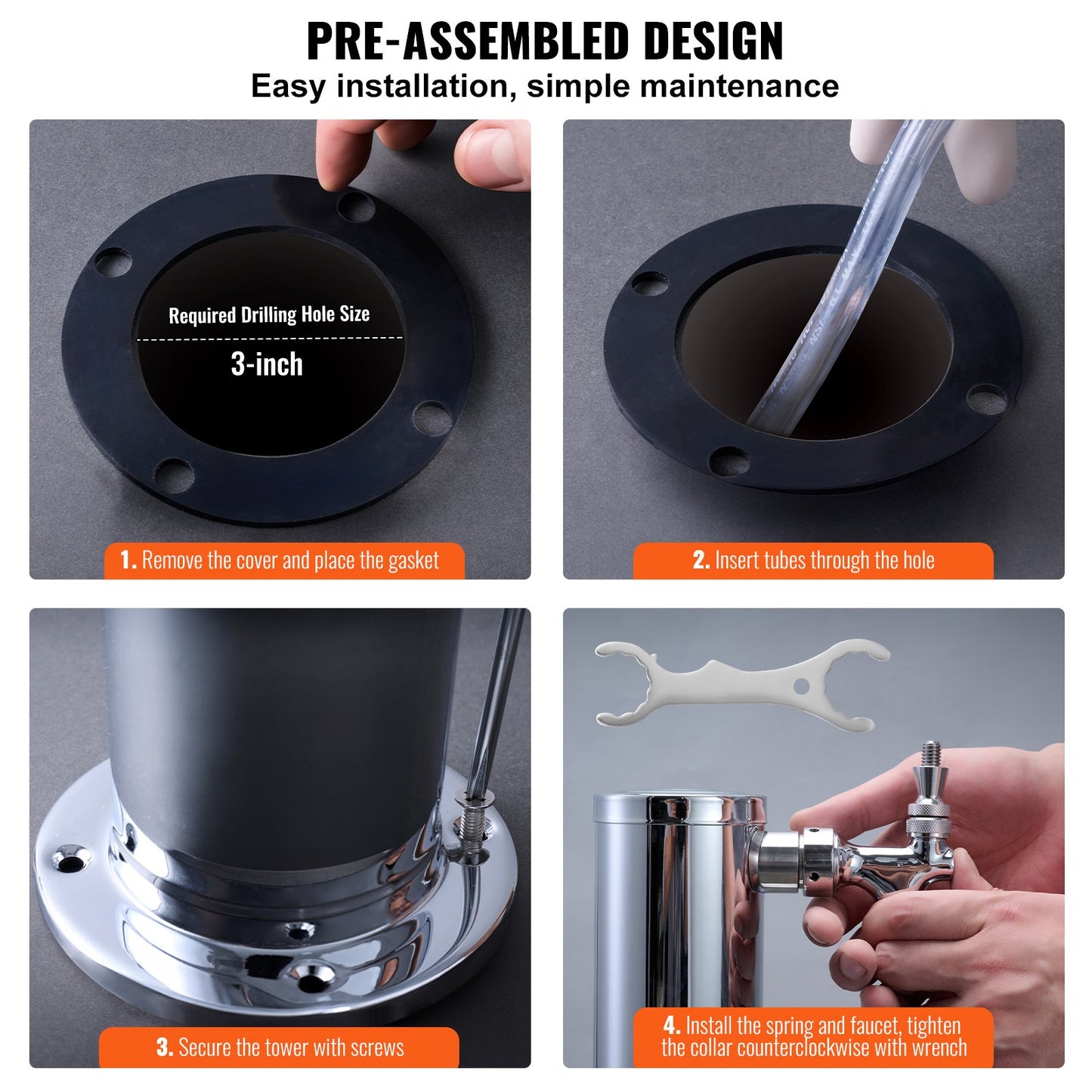 Triple Taps Draft Beer Tower Dispenser, Stainless Steel Keg Beer Tower, Kegerator Tower Kit with Pre-Assembled Tubing and Self-Closing Faucet Shanks for Party, Bar, Pub, Restaurant