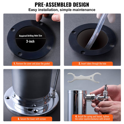 Triple Taps Draft Beer Tower Dispenser, Stainless Steel Keg Beer Tower, Kegerator Tower Kit with Pre-Assembled Tubing and Self-Closing Faucet Shanks for Party, Bar, Pub, Restaurant