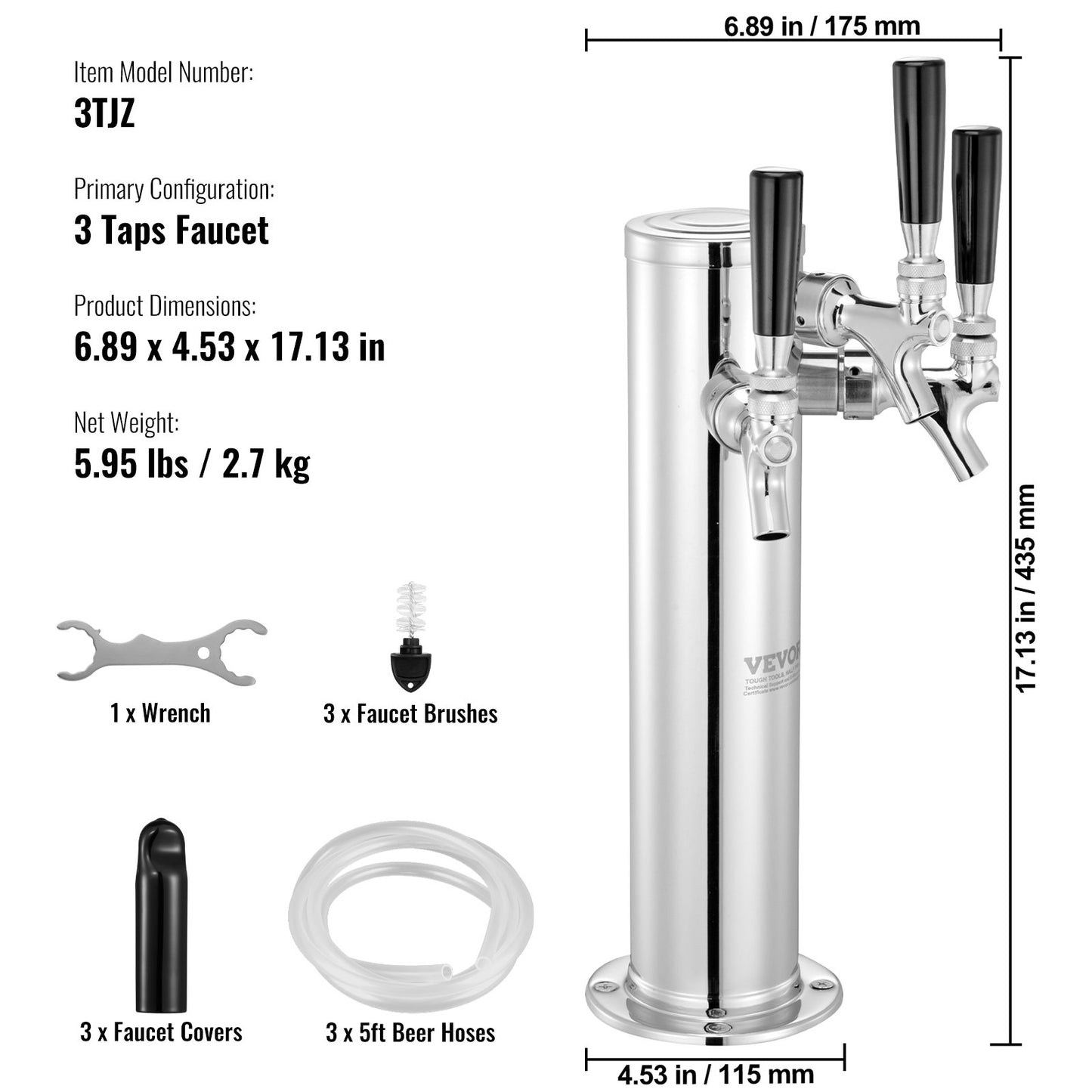 Triple Taps Draft Beer Tower Dispenser, Stainless Steel Keg Beer Tower, Kegerator Tower Kit with Pre-Assembled Tubing and Self-Closing Faucet Shanks for Party, Bar, Pub, Restaurant