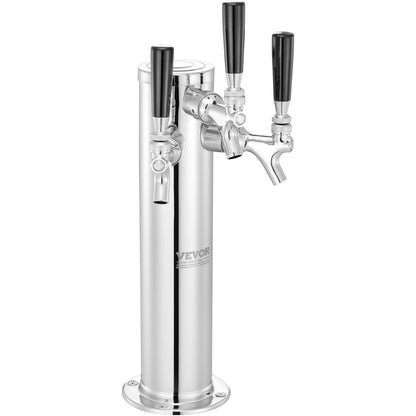 Triple Taps Draft Beer Tower Dispenser, Stainless Steel Keg Beer Tower, Kegerator Tower Kit with Pre-Assembled Tubing and Self-Closing Faucet Shanks for Party, Bar, Pub, Restaurant