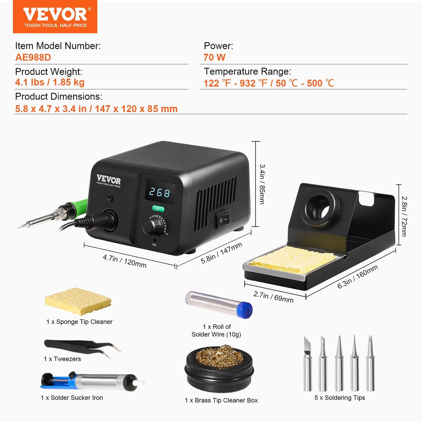 Soldering Iron Station, 70W Digital Display Soldering Station Kit, 122°F- 932°F Temp Control & Built-in Transformer, Auto Standby & Sleep Mode, with 5 Soldering Tips, Lead-Free Solder, Tweezers