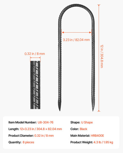 12-Zoll-8er-Packung Bewehrungsstäbe 304,8 x 82,04 mm Hochleistungs-U-förmige verzinkte Bodenanker