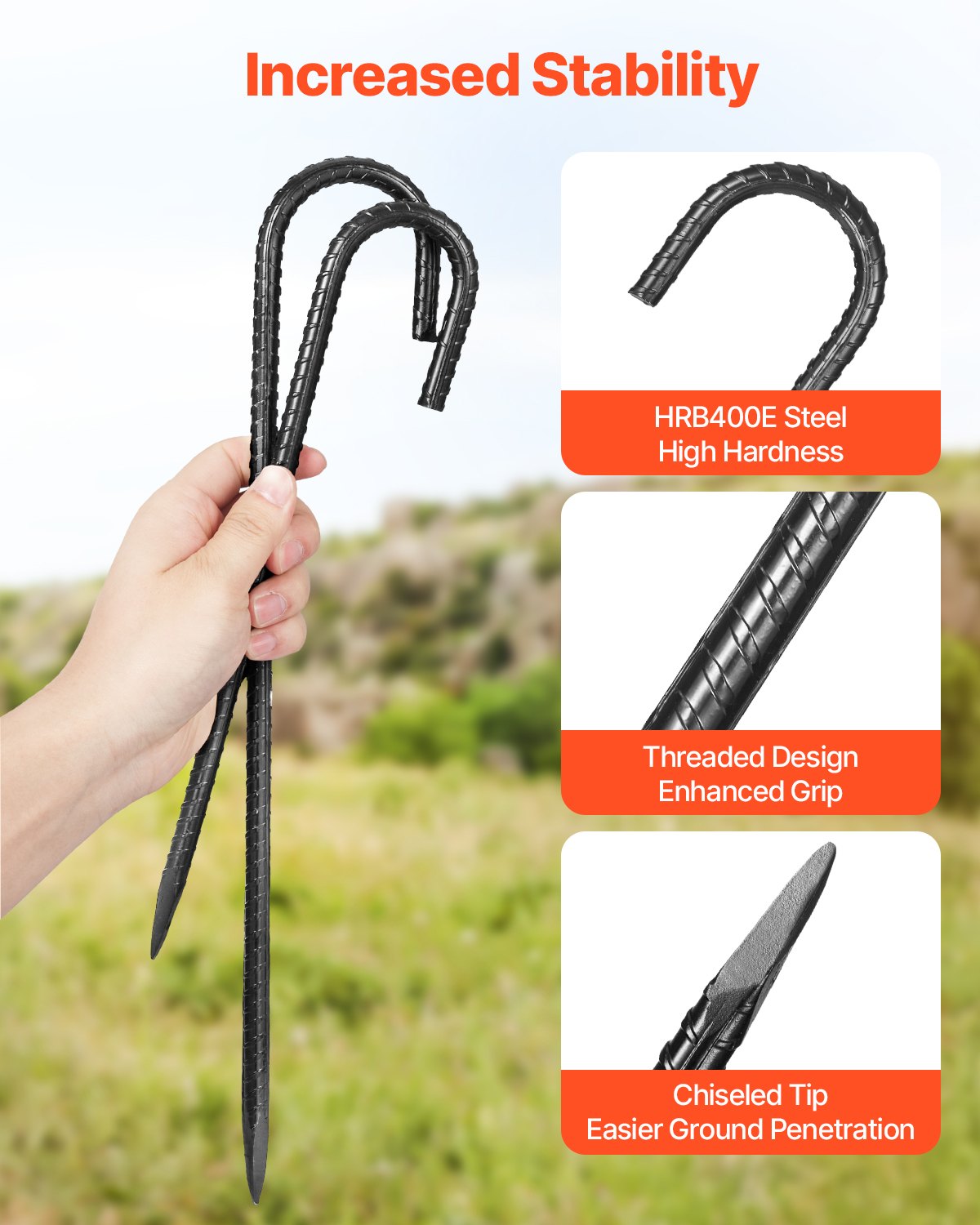 Rebar Stakes, 406,4 mm / 16-Inch, Heavy-Duty 0.4 in Diameter J Hook, Galvanized Steel Ground Anchors with Chisel Point End & Rust-Resistant Coating, for Gardening Support, Fence, Camping Tents (16-Pack)