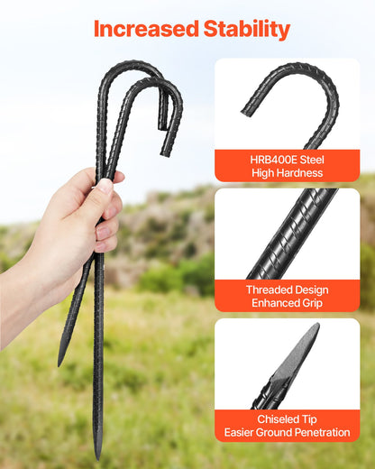 Rebar Stakes, 406,4 mm / 16-Inch, Heavy-Duty 0.4 in Diameter J Hook, Galvanized Steel Ground Anchors with Chisel Point End & Rust-Resistant Coating, for Gardening Support, Fence, Camping Tents (16-Pack)