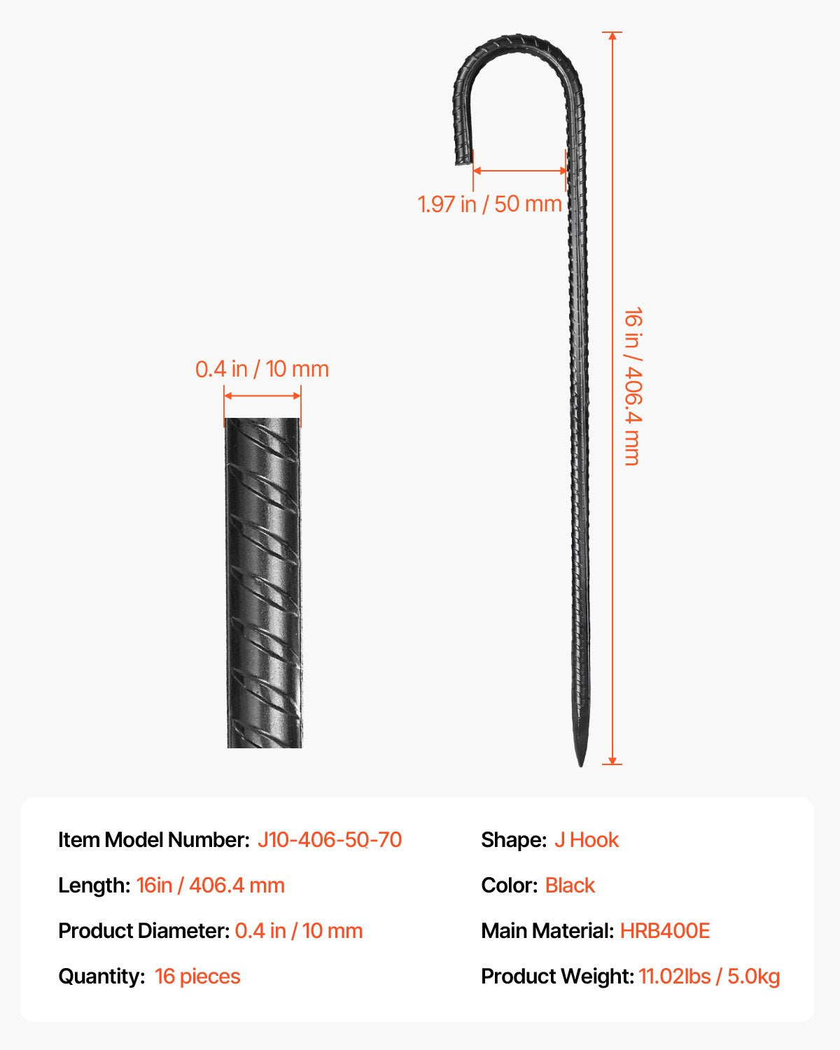 Rebar Stakes, 406,4 mm / 16-Inch, Heavy-Duty 0.4 in Diameter J Hook, Galvanized Steel Ground Anchors with Chisel Point End & Rust-Resistant Coating, for Gardening Support, Fence, Camping Tents (16-Pack)