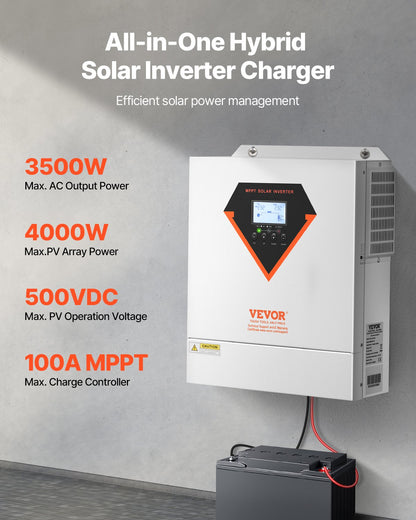 Hybrid Solar Inverter, 3500W, All in One Pure Sine Wave Power Inverter Charger, 24V DC to 220/230V AC, with Built-in WIFI 100A MPPT Solar Controller, for Off-Grid System Lead Acid Lithium Battery