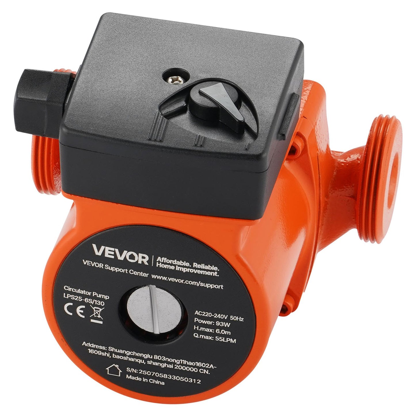 LPS25-6S/130 Cast Iron Circulator Pump, 1/8 HP, 220-240V 55 LPM Hot Water Recirculating Circulation Pump, Threaded Connection, 3-Speed Adjustment, Quiet Operation, for Home Heating System