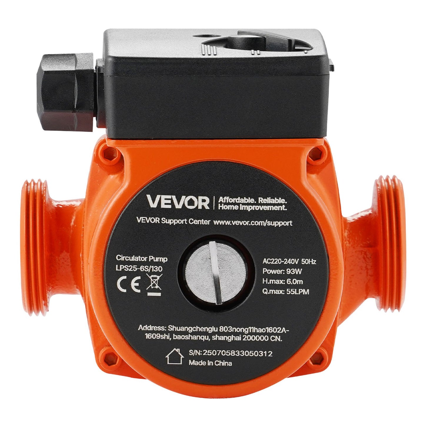 LPS25-6S/130 Cast Iron Circulator Pump, 1/8 HP, 220-240V 55 LPM Hot Water Recirculating Circulation Pump, Threaded Connection, 3-Speed Adjustment, Quiet Operation, for Home Heating System